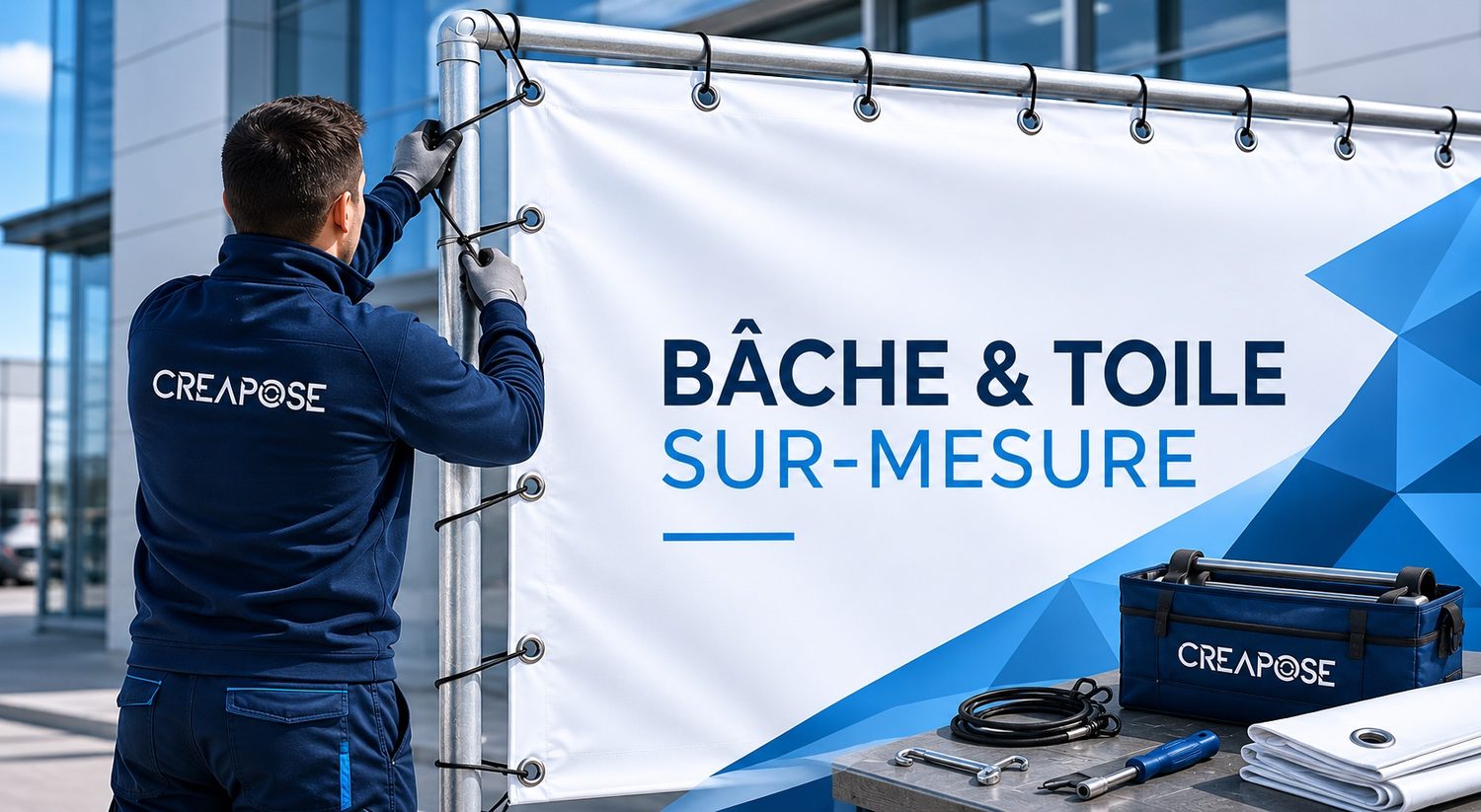 Pose de bâche tendue sur façade par CREAPOSE