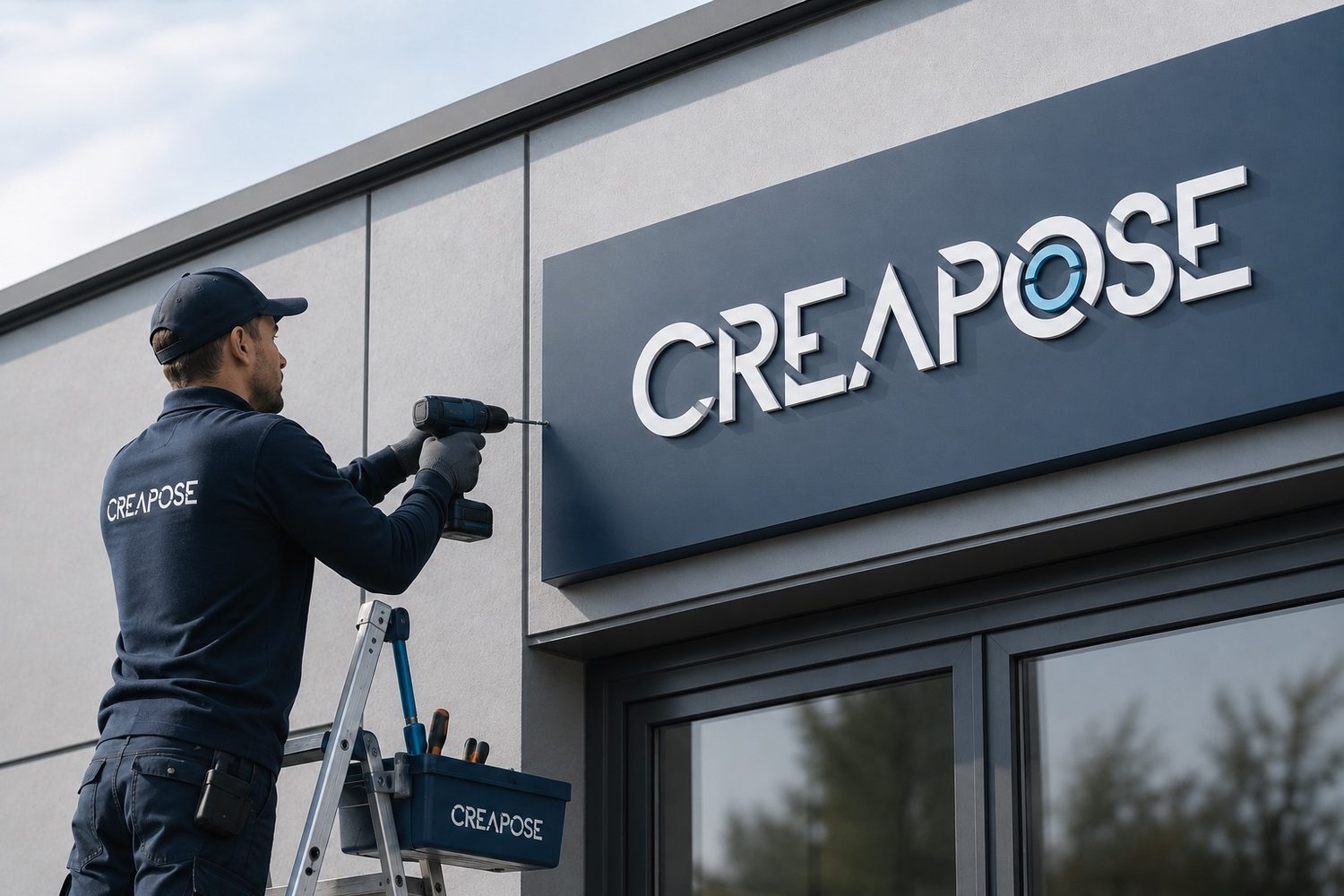 Pose d'enseigne en façade par un poseur CREAPOSE