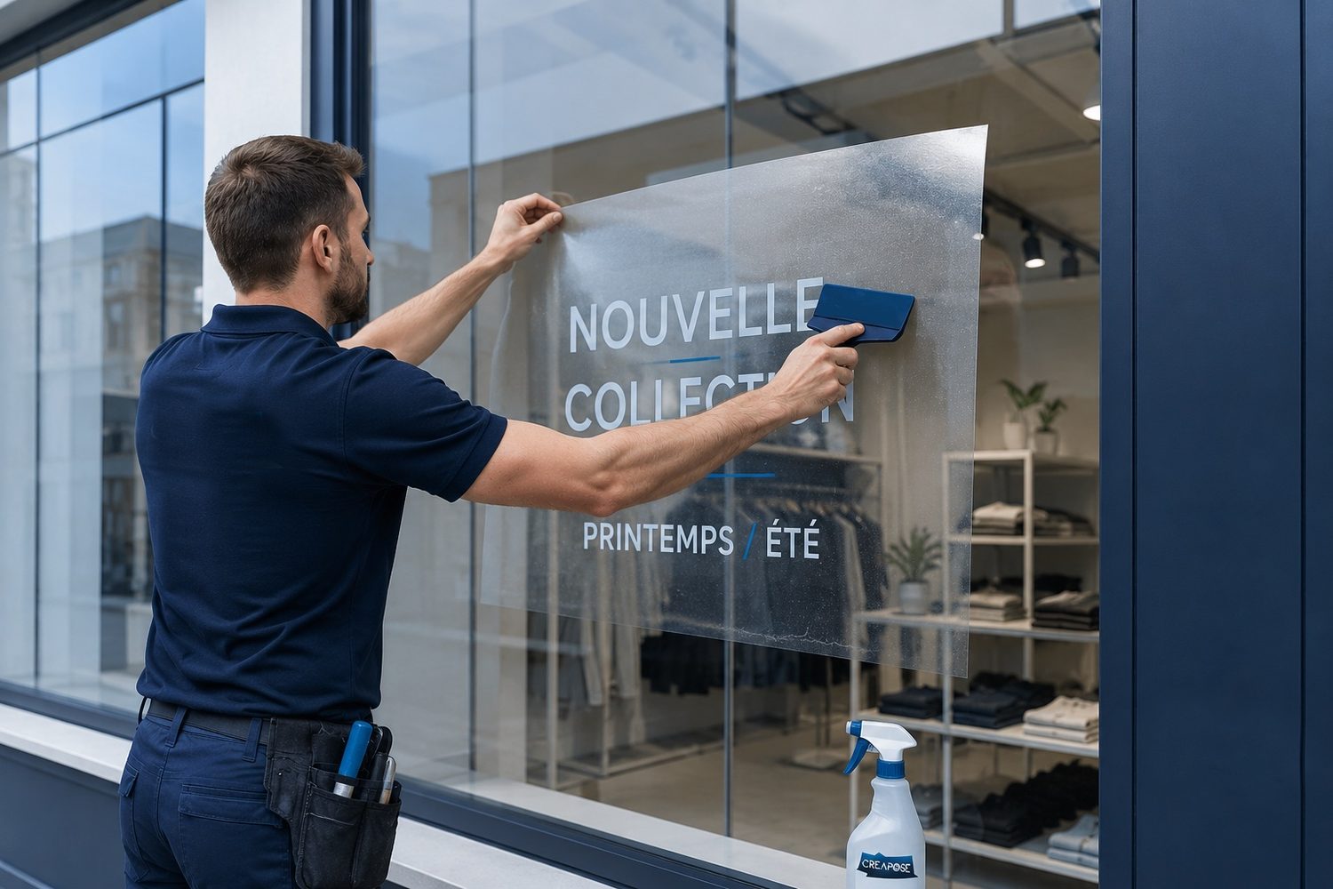 Pose de vitrophanie sur vitrine commerciale par CREAPOSE